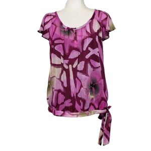Calvin Klein Blouse Womens Size PL Purple Floral Ruffle Short Sleeves Sheer Top